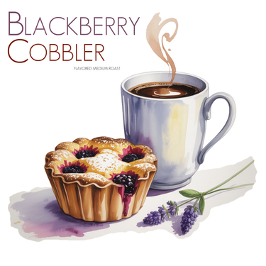Java Momma Blackberry cobbler coffee artwork with a cup of coffee on a white background